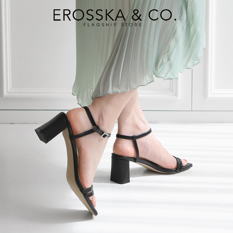 Erosska - Sandal cao gót mũi hở đế vuông phối dây quai mảnh cao 7cm màu nude - EB063