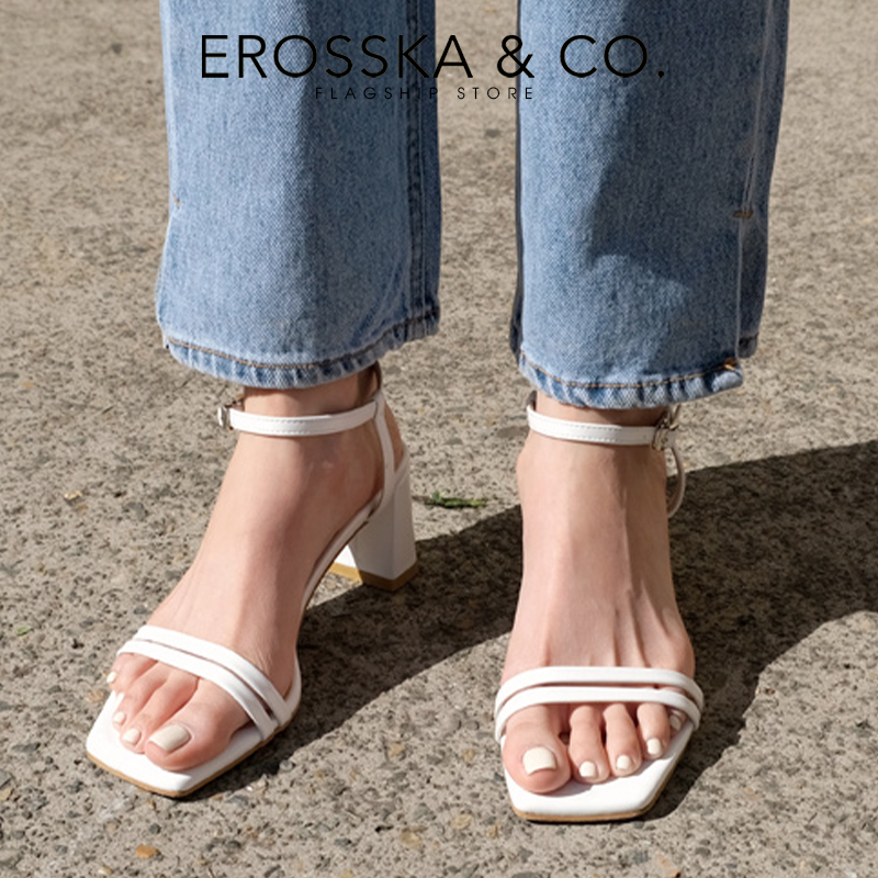 Erosska - Sandal cao gót mũi hở đế vuông phối dây quai mảnh cao 7cm màu nude - EB063