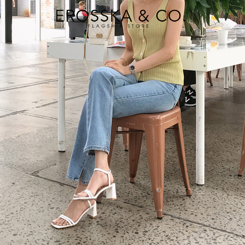 Erosska - Sandal cao gót mũi hở đế vuông phối dây quai mảnh cao 7cm màu nude - EB063