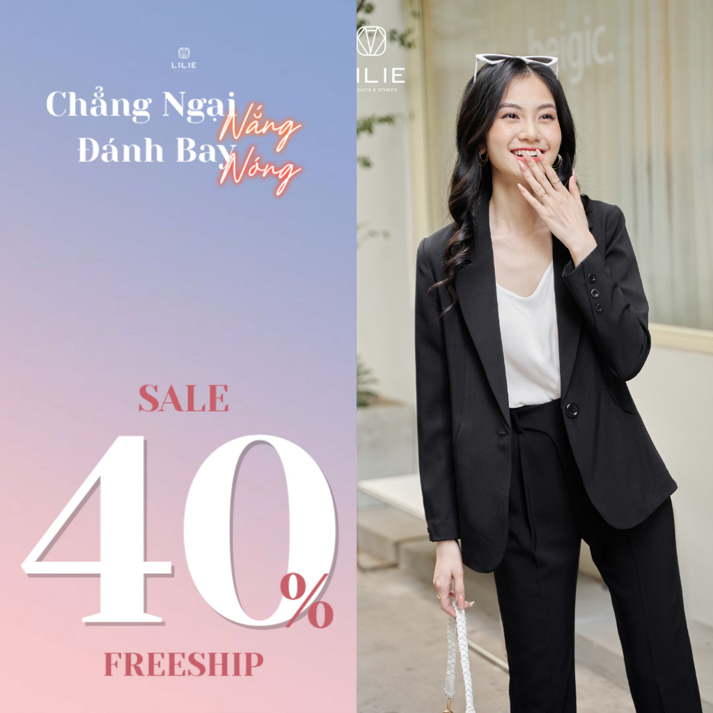 Set Blazer 1 cúc vạt tròn đen và quần âu vạt chéo đen