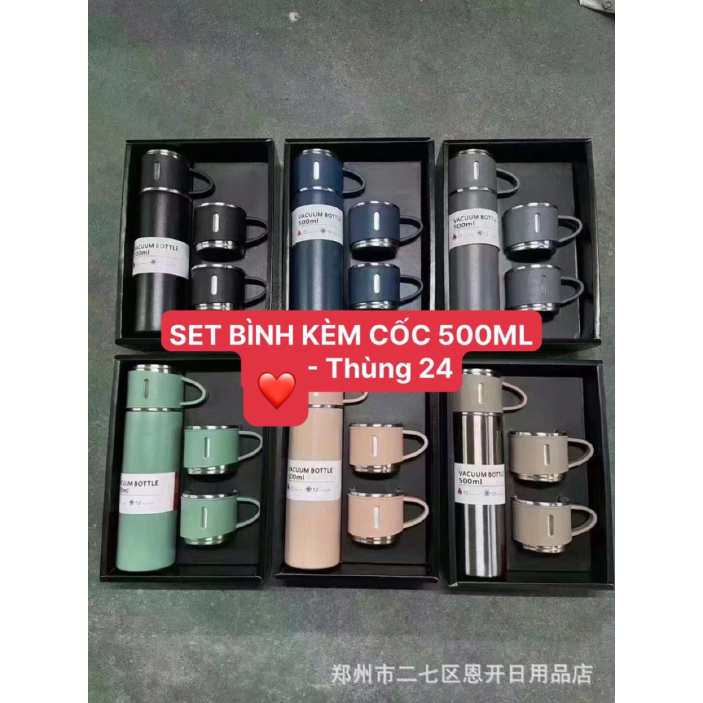 Set Bình Giữ Nhiệt iNox 500ML Kèm 3 Cốc Cực Xịn VACUUM FLASK SET(TÚI ĐEN)