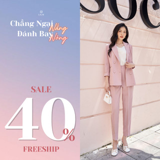 Set blazer 4 cúc dáng ngắn chiết eo hồng baby và quần âu hồng baby