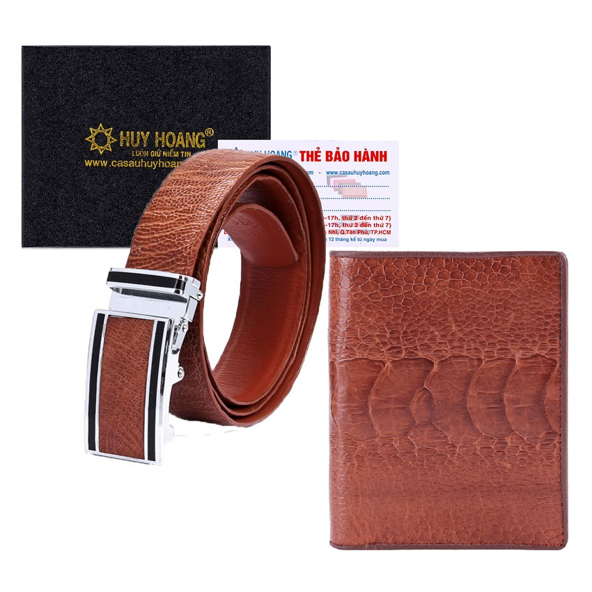 Bóp &amp; Dây nịt nam Huy Hoàng da đà điểu da chân màu vàng bò HP2412-HP4403