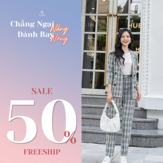 Set Blazer 4 cúc dáng ngắn caro xanh rêu và quần âu caro xanh rêu