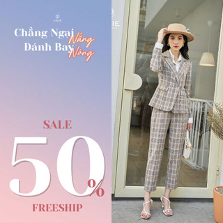 Set blazer 2 cúc mắt cáo dáng ngắn caro nâu xám + Quần baggy caro nâu xám