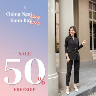 Set blazer kẻ đen 4 cúc vàng và quần âu kẻ đen