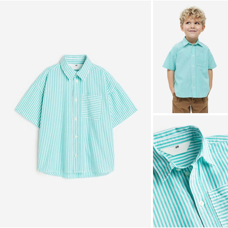 Áo sơ mi kẻ xanh cộc tay cổ bể cho bé trai săn sale Uk sz 3-4y đến 9-10y