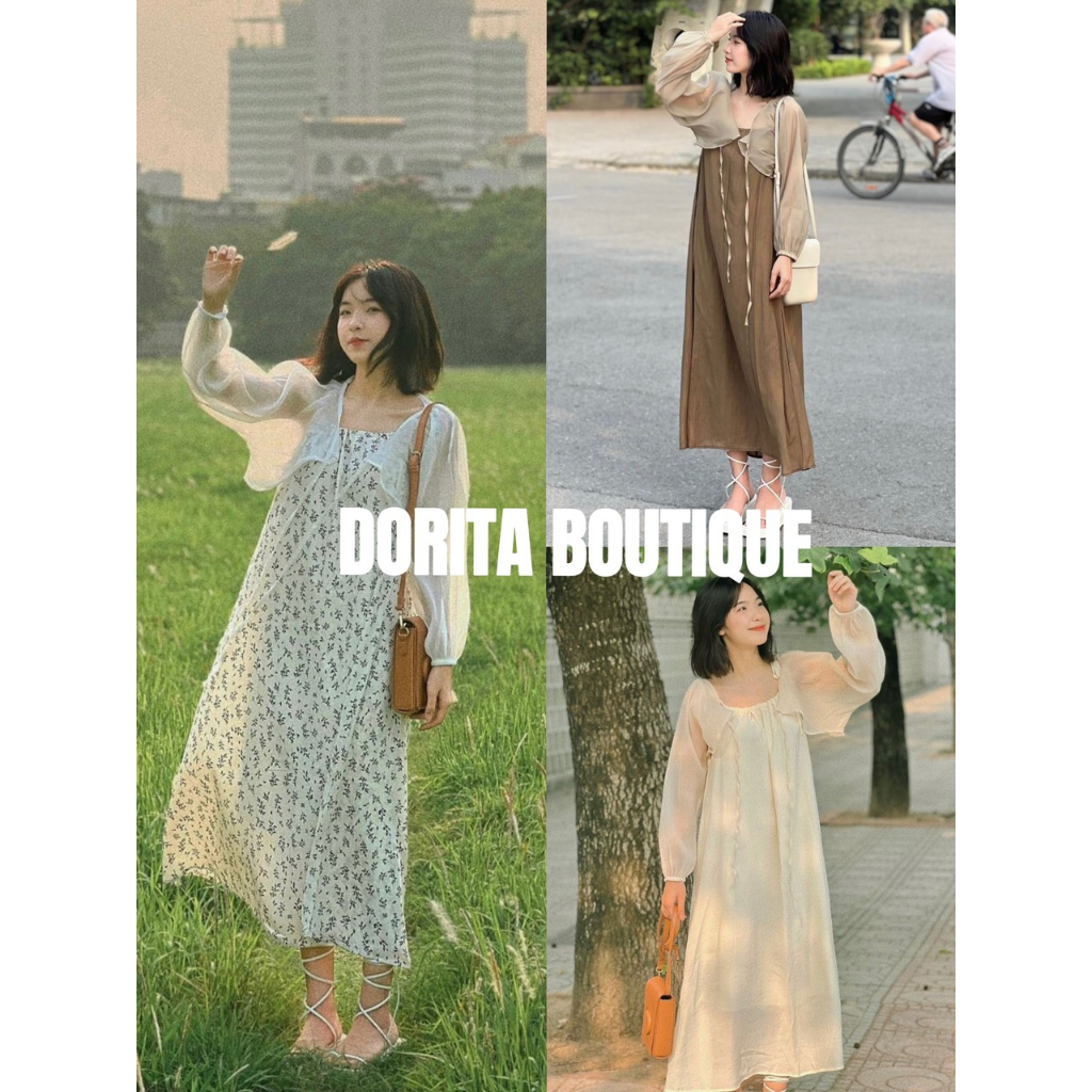 Set váy maxi 2 dây cổ yếm kèm áo choàng DORITA BOUTIQUE