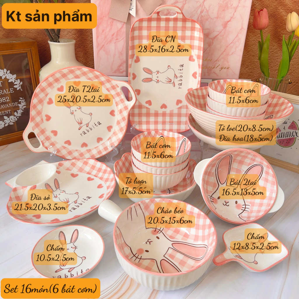 Bát đĩa decor, Bát ăn cơm, Chén dĩa dễ thương Sét Bát thỏ caro hồng siêu đẹp cao cấp