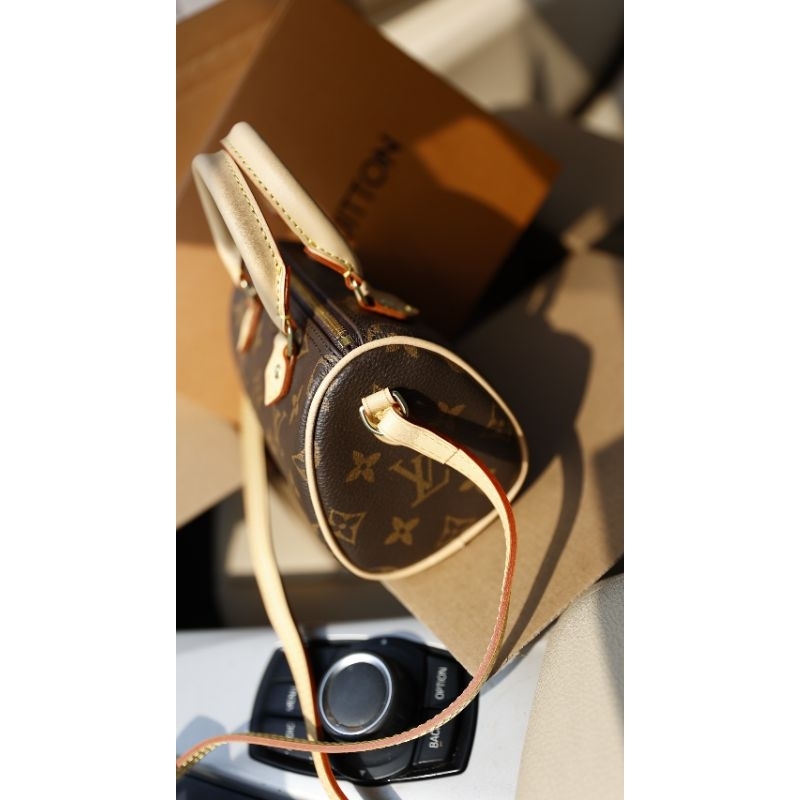 Túi nữ đẹp thời trang LV nano mini sz17cm hoa nâu quai kem lót kèm code fullbox 2 lớp