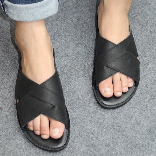 MH04 - Dép da bò sandal quai hậu bản to quai chéo Đế 2 Lớp Cao Su Chống Trơn Trượt - Thương Hiệu MeHai