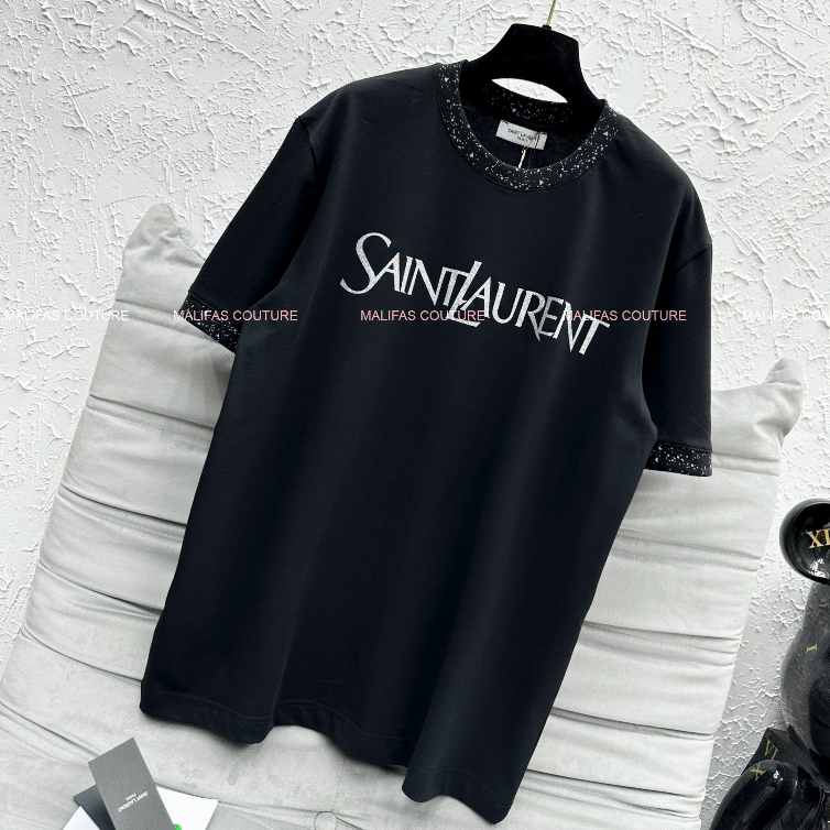 Áo Thun Tay Lỡ Sant Laurent Họa Tiết Chữ Kim Tuyến . Áo Phông Siêu Cấp Chất Cotton Cổ Bo Cực Đẹp Dành Cho Các Boy P