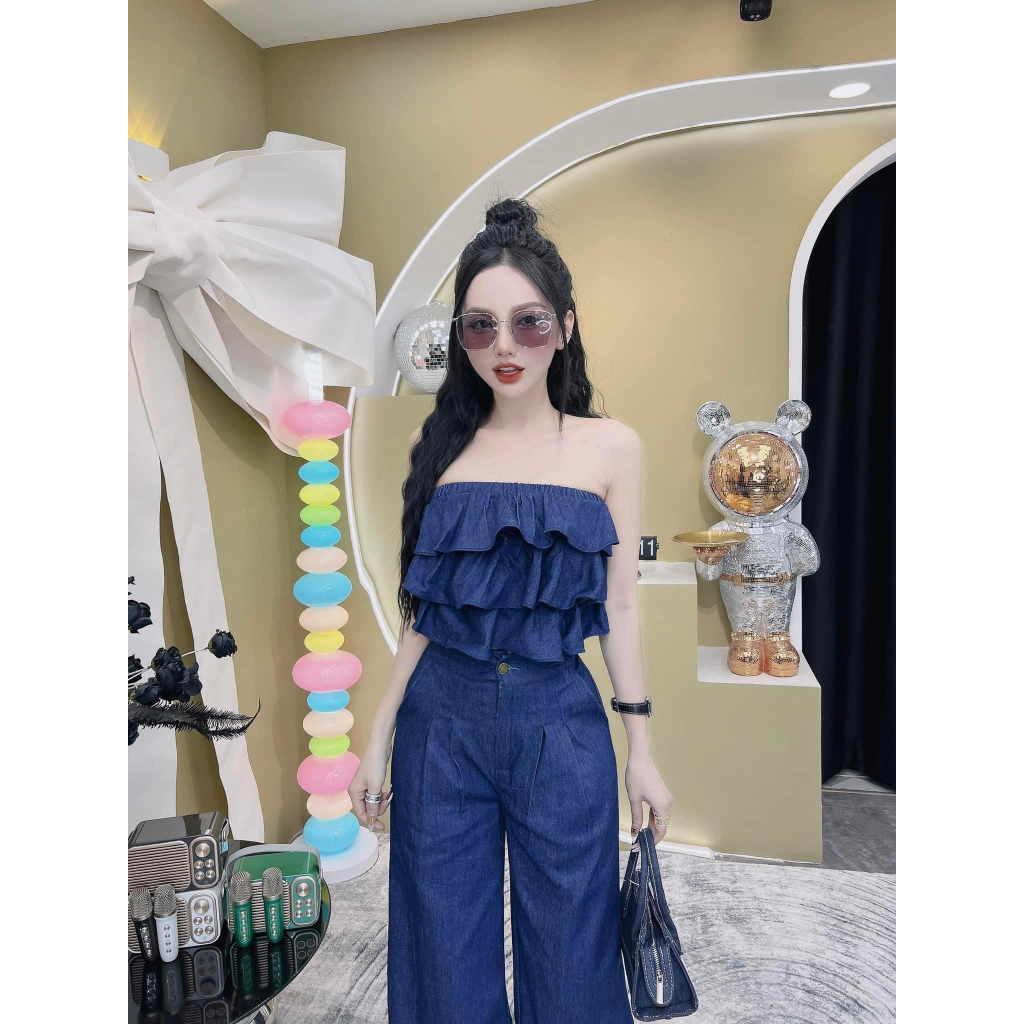 Bigsize Set jeans lụa áo tầng kèm quần dài 55-95kg