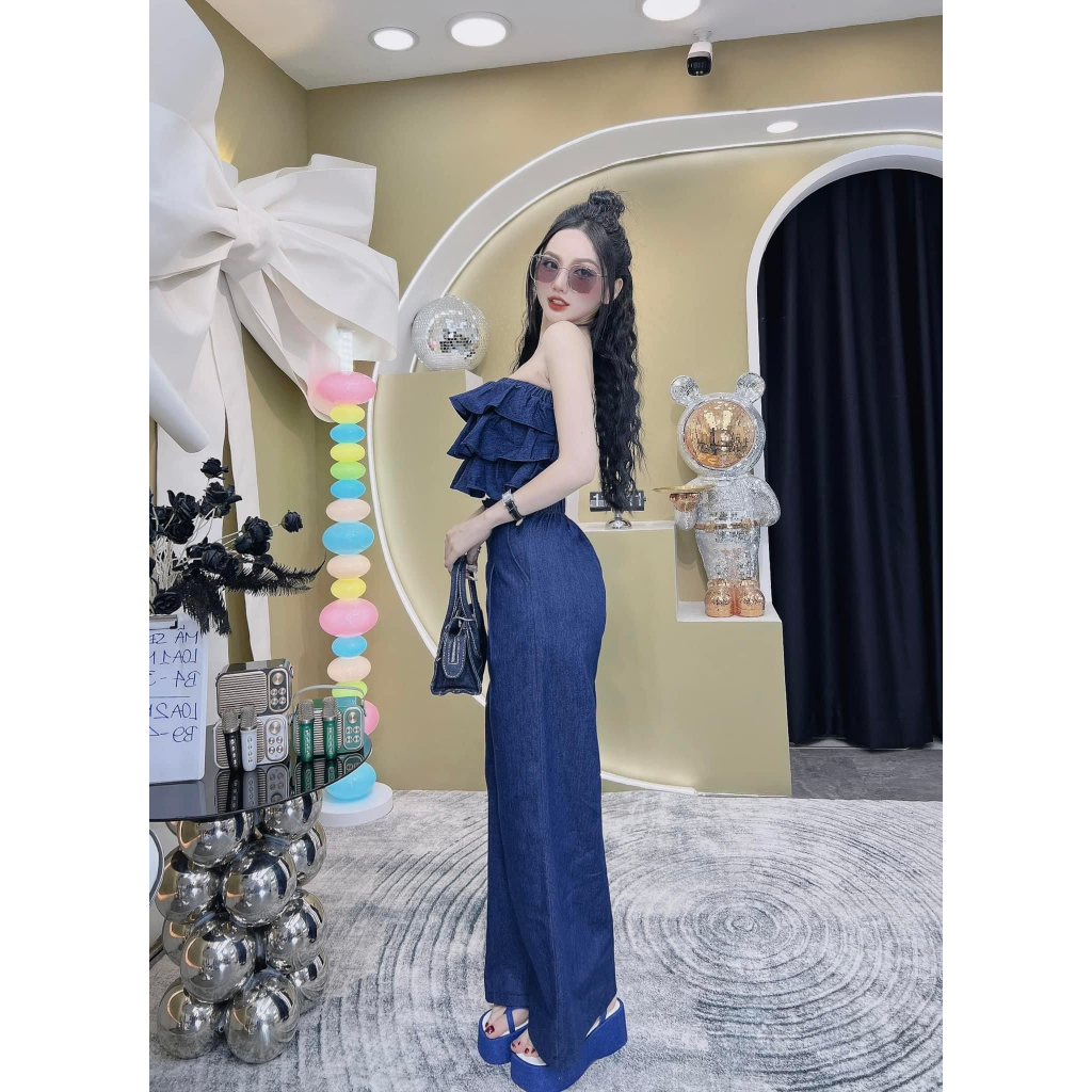 Bigsize Set jeans lụa áo tầng kèm quần dài 55-95kg