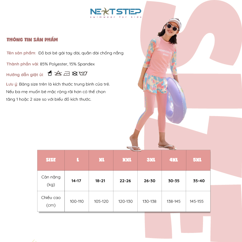 Đồ bơi bé gái, tay dài quần dài chống nắng, set 3 món, phối vải lưới trẻ trung màu sắc tươi sáng size từ 14kg - 38kg