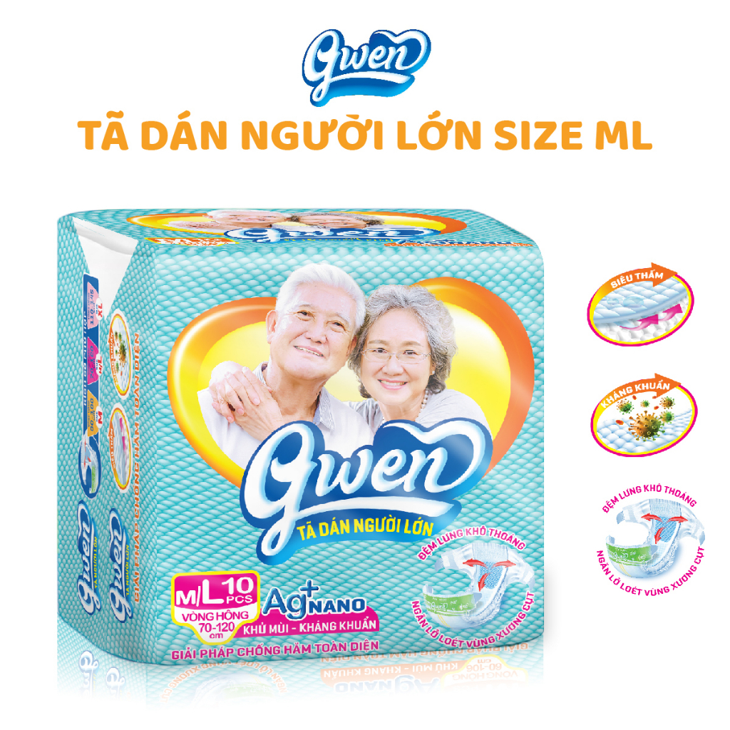 Tã dán người lớn Gwen size M/L10 miếng. Bỉm người già, người bệnh siêu thấm khô thoáng chống hăm khử mùi tả dán người ớn