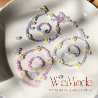 |#BN001 - #BR001| Set vòng tay - nhẫn hạt cườm hoa cúc (daisy) màu pastel xanh tím hồng| WeMade Accessories