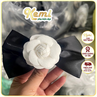 Tag nơ cài áo hoa trà dạ phối duy băng handmade mẫu 4