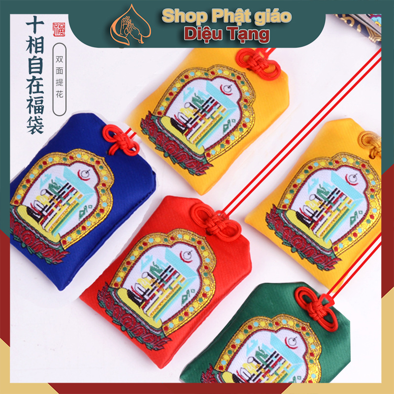 Túi gấm may mắn thêu Kalachakra và Lục tự chân ngôn