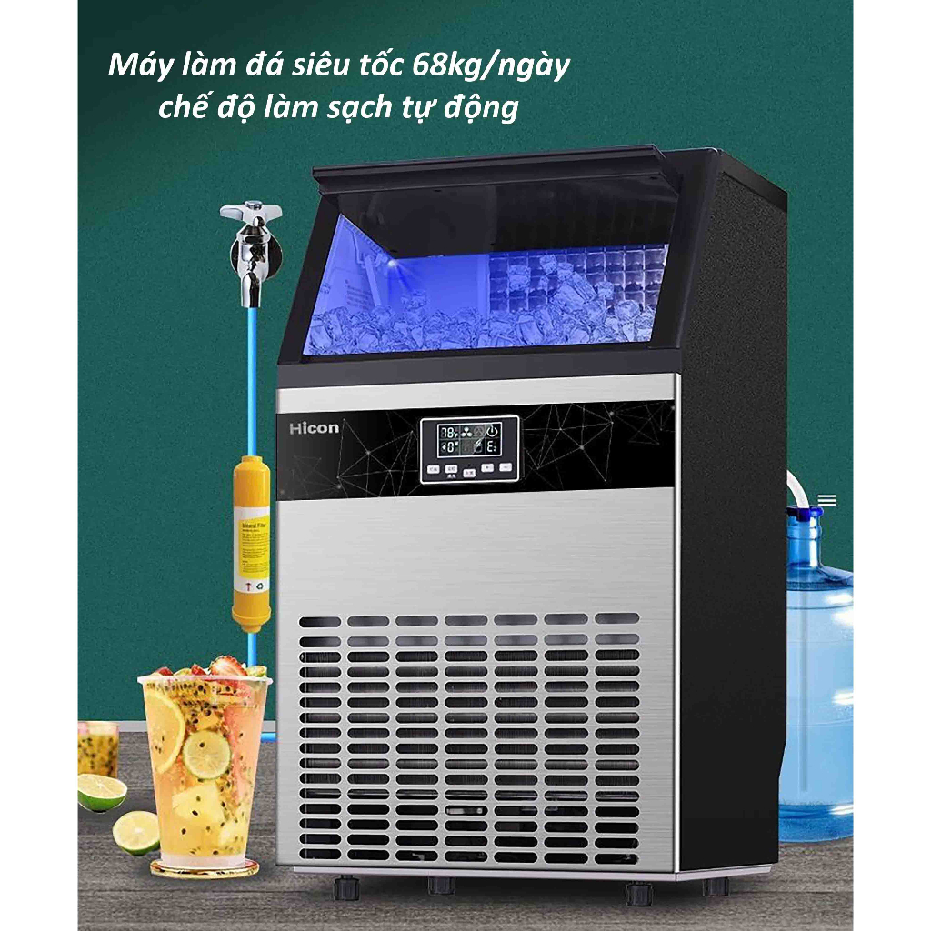Máy Làm Đá Viên Tự Động Hicon Công Xuất 68kg/Ngày Làm Đá Cấp Tốc Từ 12-20 Phút 1 Mẻ, Tặng Kèm Quả Lọc, Bảo Hành 1 Năm