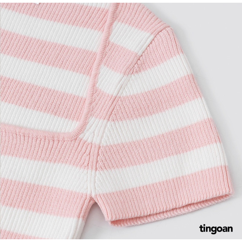 Áo len xù crop lửng ngắn tay cổ vuông kẻ trắng hồng tingoan BORA BORA TOP/PK
