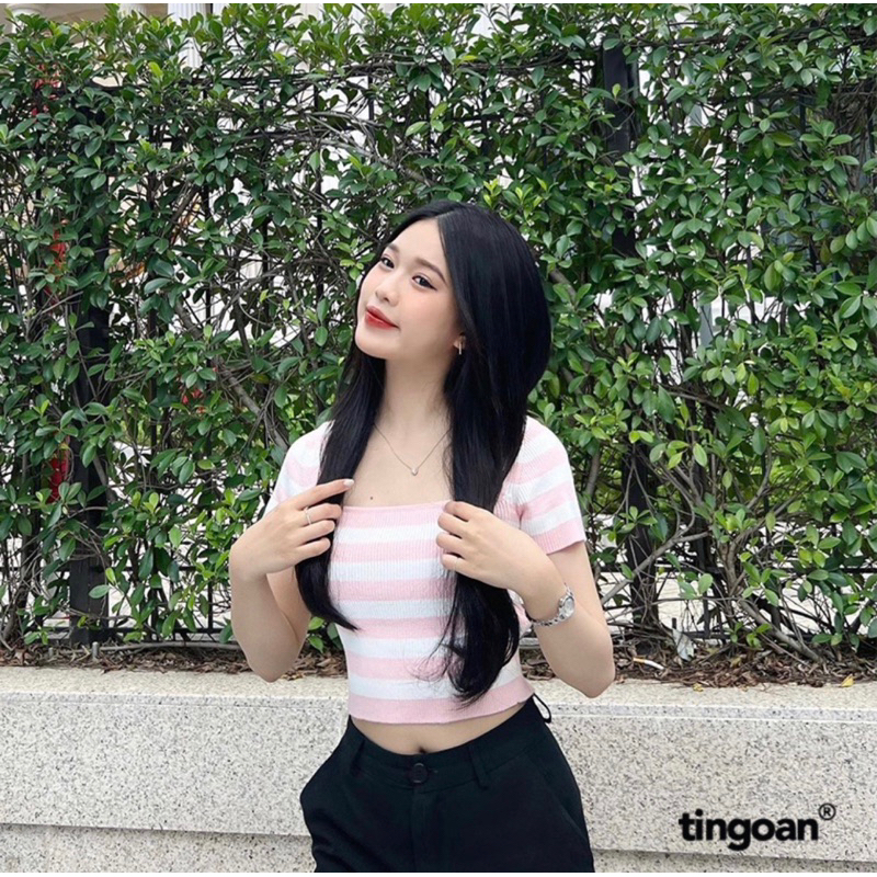 Áo len xù crop lửng ngắn tay cổ vuông kẻ trắng hồng tingoan BORA BORA TOP/PK