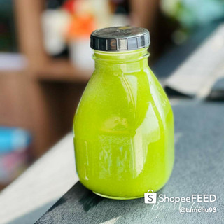 Chai thủy tinh vuông lùn đựng sữa hạt detox sinh tố 300ml nắp nhựa đen chống gỉ
