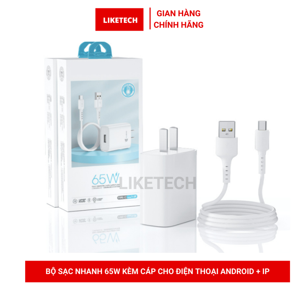 Bộ sạc siêu nhanh 65W phù hợp cho điện thoại di động Android-IP kèm dây cáp hộp nguyên seal hàng cao cấp chống cháy nổ