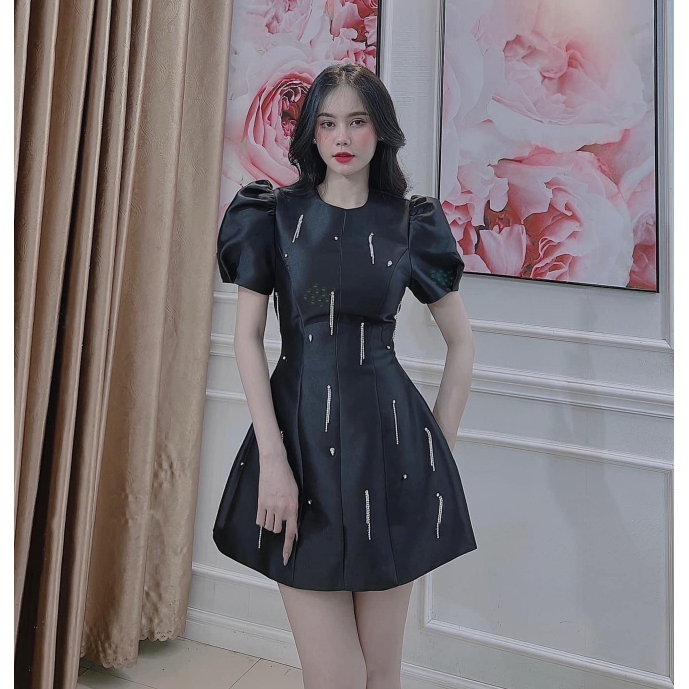 Đầm tafta tay bồng đính dây đá tua rua kèm ảnh thật mẫu béo - Lady BIGSIZE