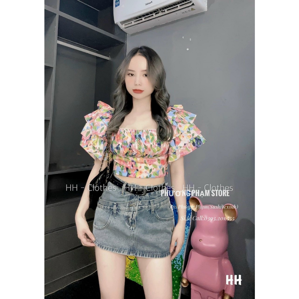 Áo trễ vai hoa nhí nữ tay bồng dáng ngắn croptop đi biển