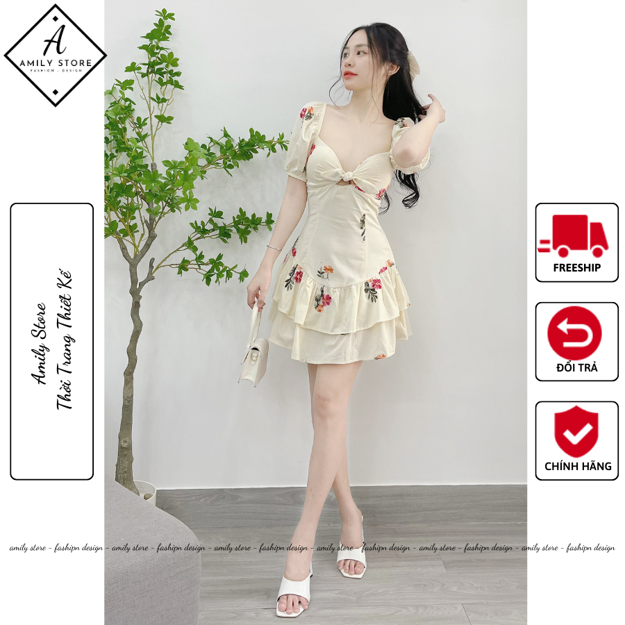 Váy Hoa cúp ngực V006 có mút trong Chất Vãi Kate Amily Thiết kế 2 lớp lót lụa Tay phồng, 2 Tầng tôn dáng - V008