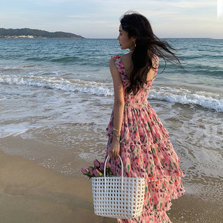 Đầm nhún voan maxi 2 dây hồng hoa cổ tích co giãn mát mẻ cho kỳ nghỉ hè size S/M/L chỉ có tại LUXIEU GARDEN🌸