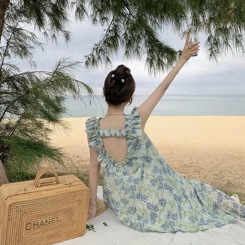 Đầm midi hở lưng họa tiết hoa xanh lá đầm Tam Á bay gió size S/M/L chỉ có tại LUXIEU GARDEN🌸