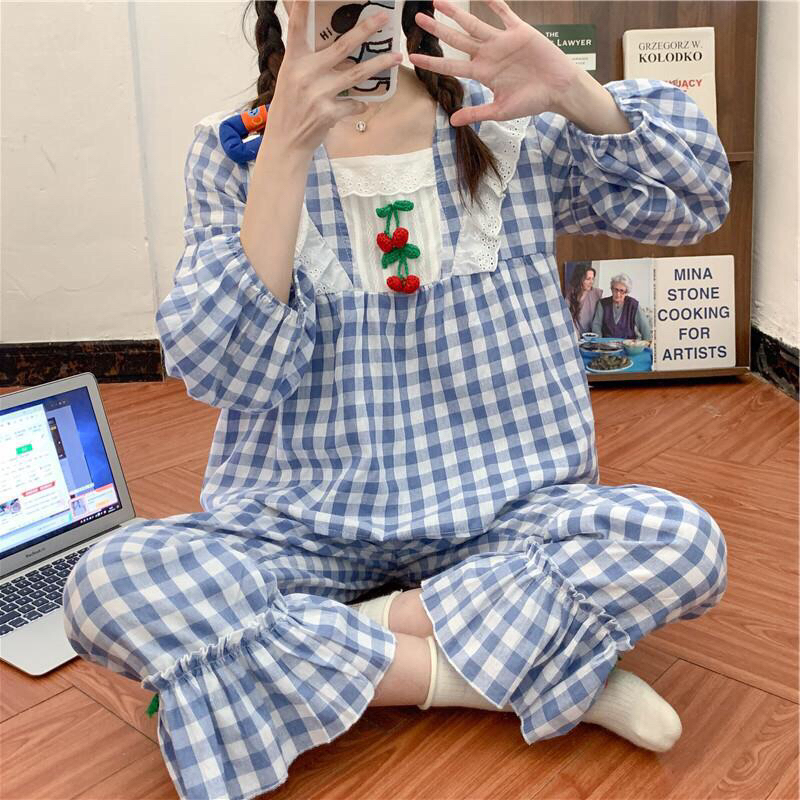 Đồ Bộ Nữ Mặc Nhà Tiểu Thư Caro tay phồng phối ren Quảng Châu ULZZANG