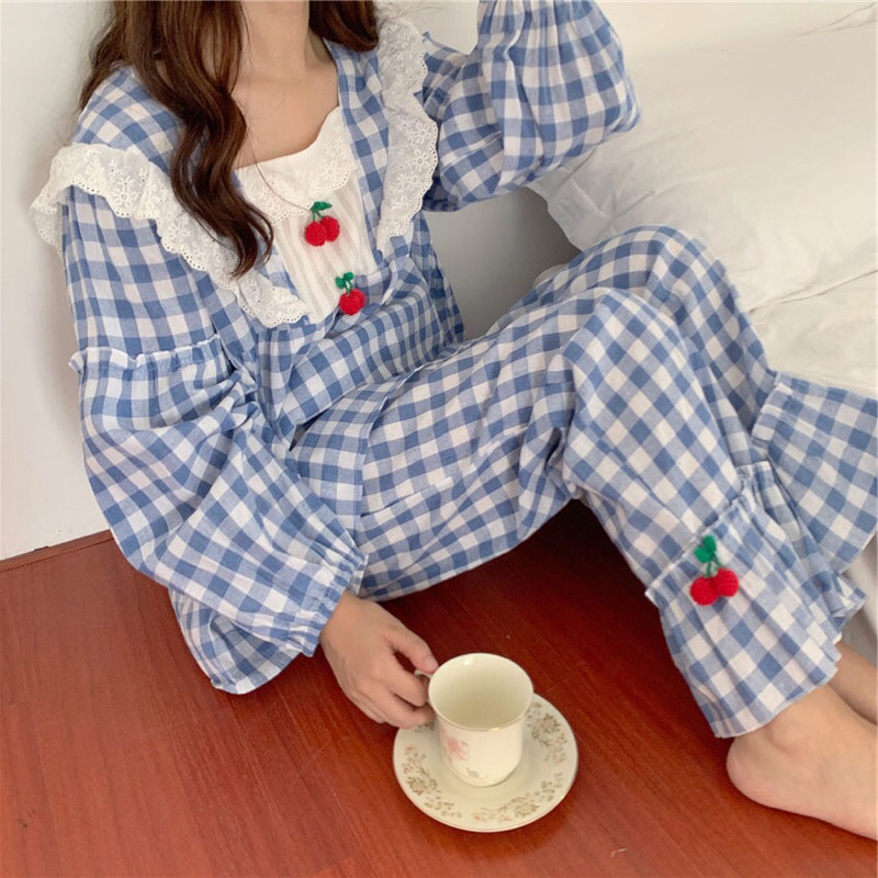 Đồ Bộ Nữ Mặc Nhà Tiểu Thư Caro tay phồng phối ren Quảng Châu ULZZANG