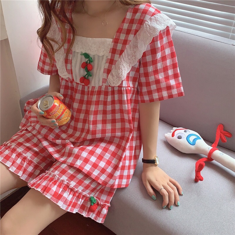 Đồ Bộ Nữ Mặc Nhà Tiểu Thư Caro tay phồng phối ren Quảng Châu ULZZANG