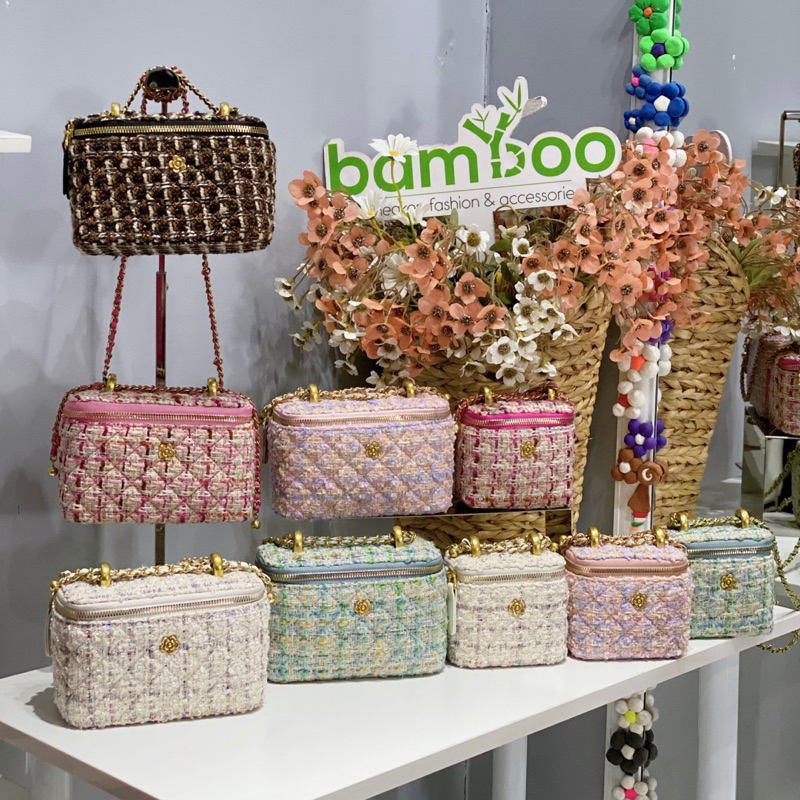 Túi xách nữ dạ tweed mini logo hoa hồng