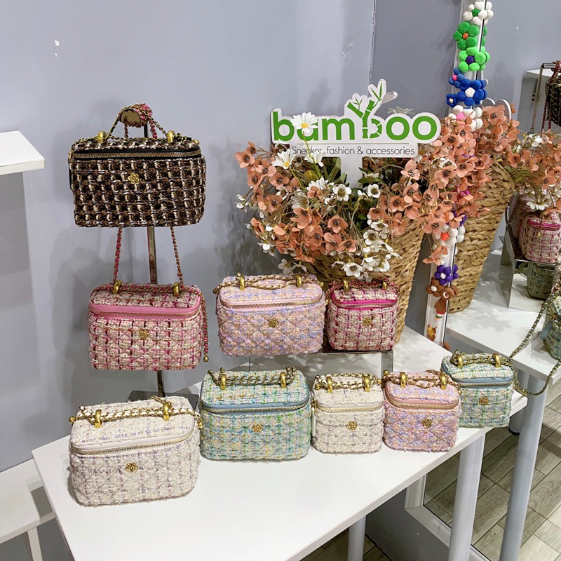 Túi xách nữ dạ tweed mini logo hoa hồng