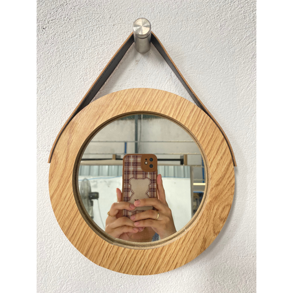 GIAM GIÁ - GƯƠNG TRÒN VIỀN GỖ DÂY DA TREO TƯỜNG KÍCH THƯỚC 20CM