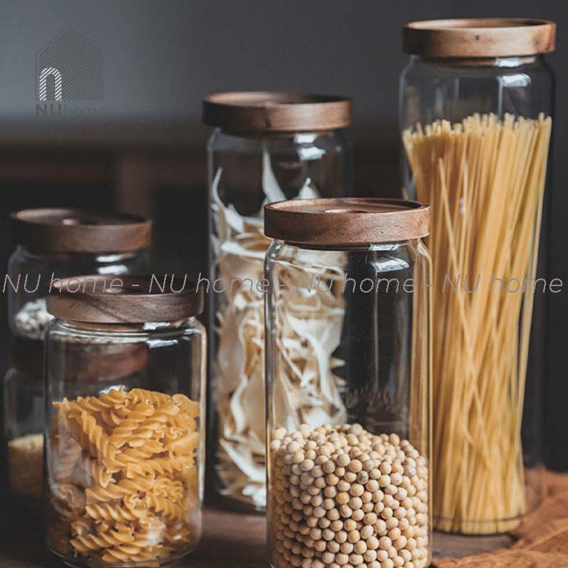 Hũ thuỷ tinh nắp gỗ | nuhome.vn | lọ thuỷ tinh đựng gia vị, đồ khô, nắp có ron cao su kín khí, sang trọng