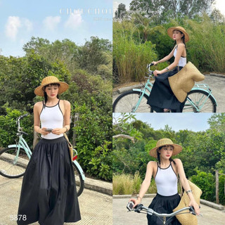 Set áo croptop trắng viền cổ yếm kèm chân váy midi Freesize Rossy Fashion - SR175