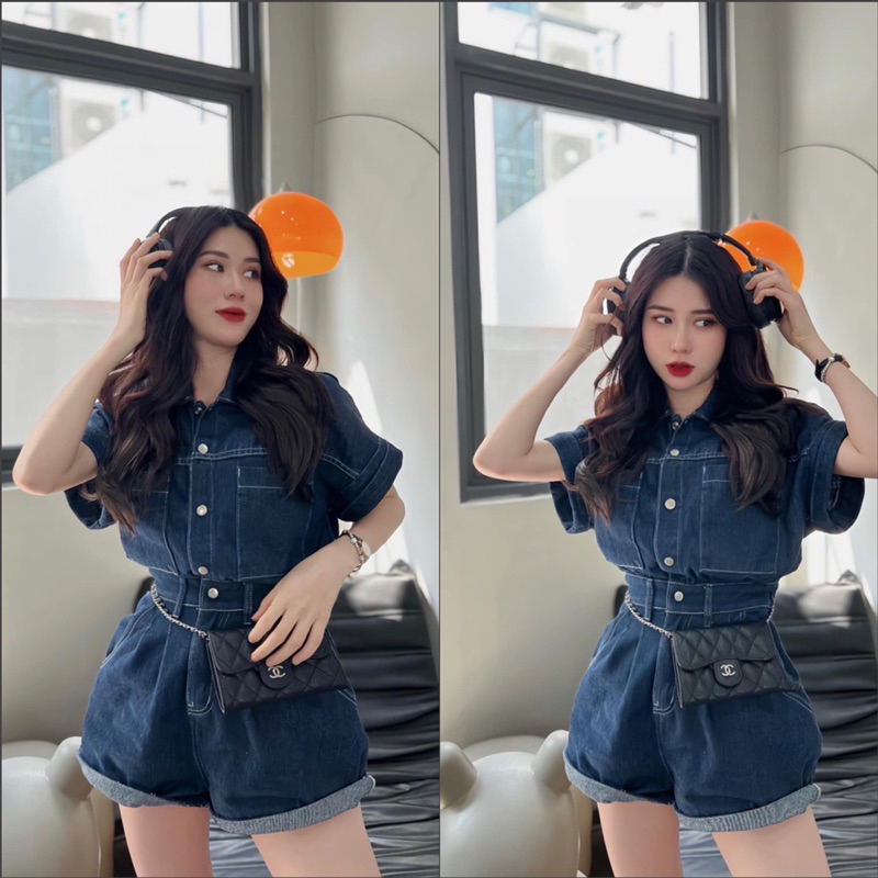 SET BỘ JUM JEANS CỔ SƠMI ĐÍNH NÚT DÁNG QUẦN ĐÙI NGẮN