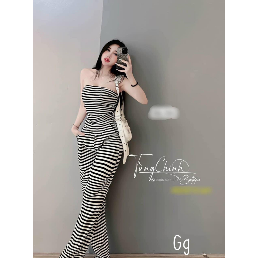 Set kiểu áo ống quây nhọn tà quần dài suông rộng sọc ngang xinh chất thun gân hot hit