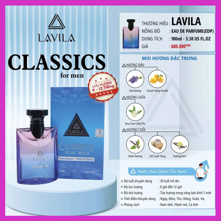 NƯỚC HOA NAM LAVILA CLASSICS 100ML - TẶNG NƯỚC HOA 12ML