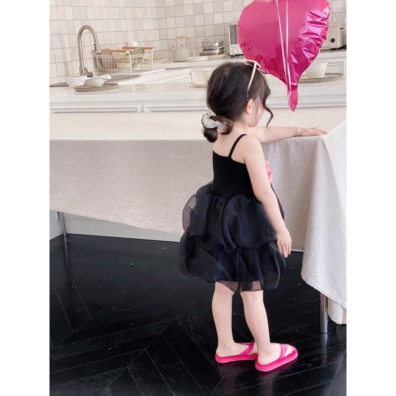 Váy đầm đen nơ hồng cho bé gái 10-28kg