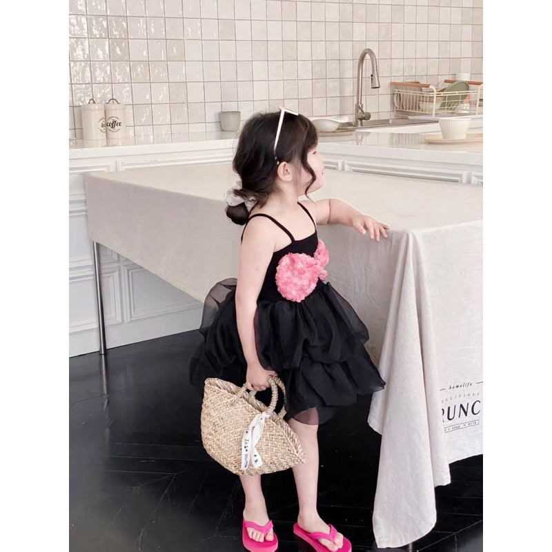 Váy đầm đen nơ hồng cho bé gái 10-28kg