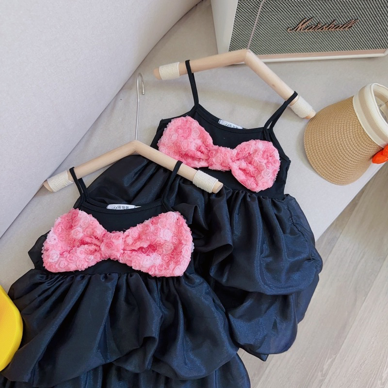 Váy đầm đen nơ hồng cho bé gái 10-28kg