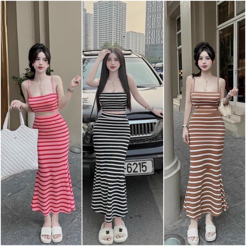 SET BỘ ÁO 2 DÂY CROPTOP BODY DÁNG NGẮN KÈM CHÂN VÁY DÀI HỌA TIẾT SỌC NGANG SIÊU XINH