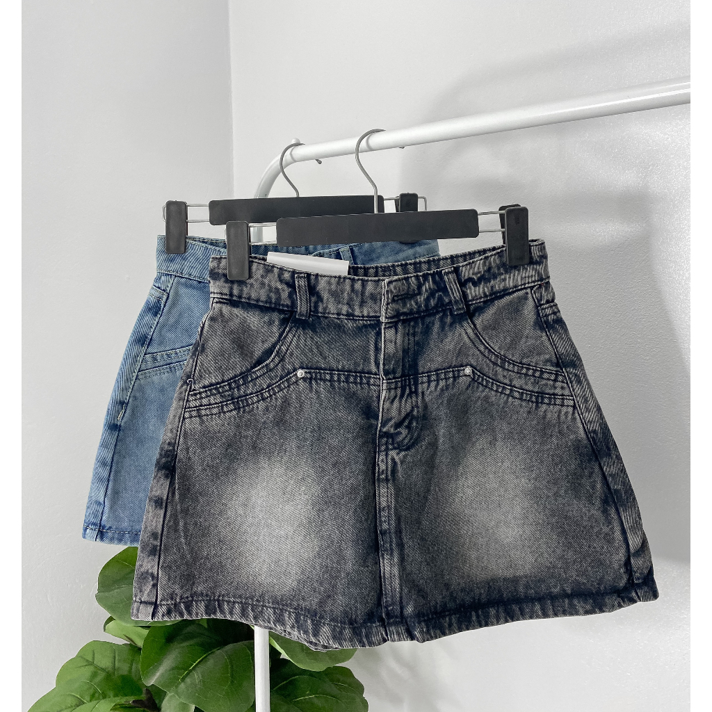 Chân váy bò - Chân váy jeans ngắn chữ A lưng cao, váy bò túi tròn