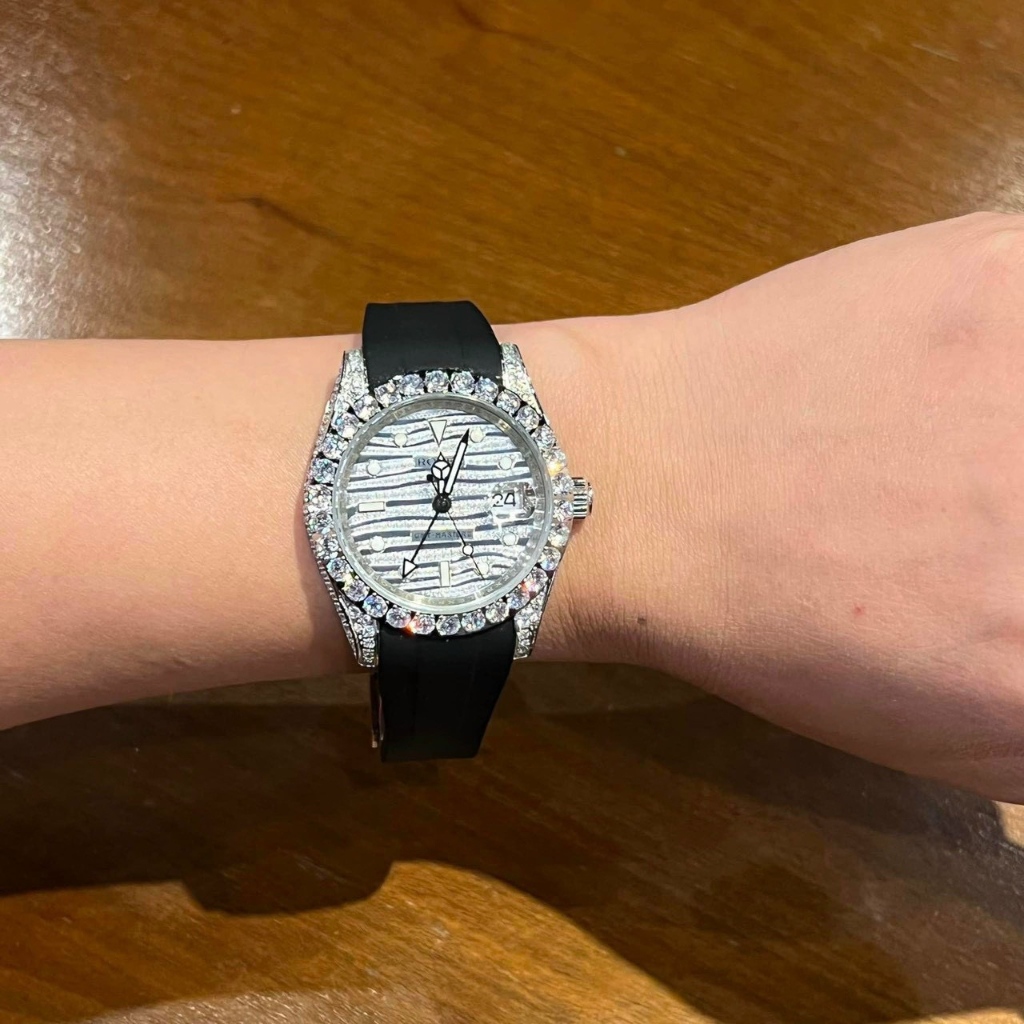 Đồng hồ Nam Rl  vành đá mặt đá vỏ đá dây cao su màu trắng máy nhật dòng cơ Automatic size40mm